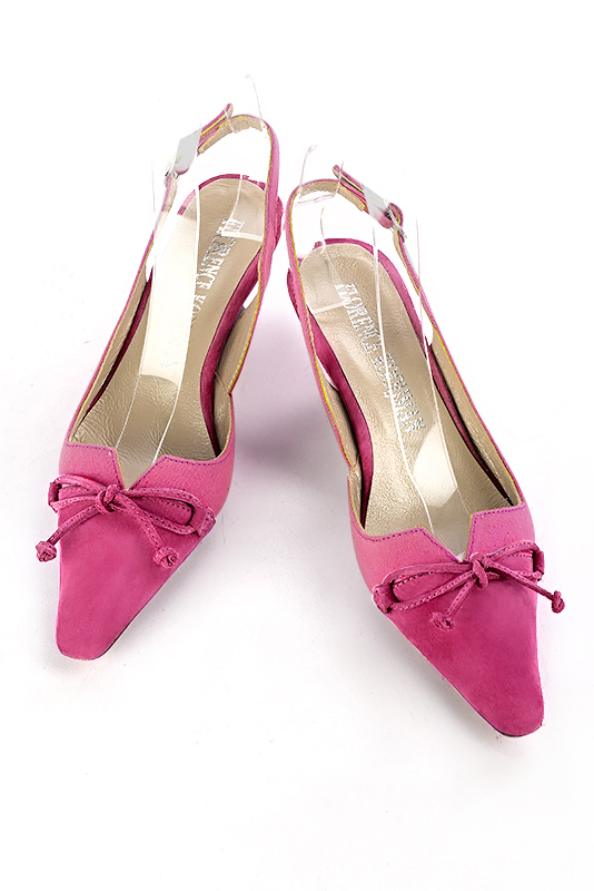 Fuschia pink women's open back shoes, with a knot. Tapered toe. Medium spool heels. Top view - Florence KOOIJMAN